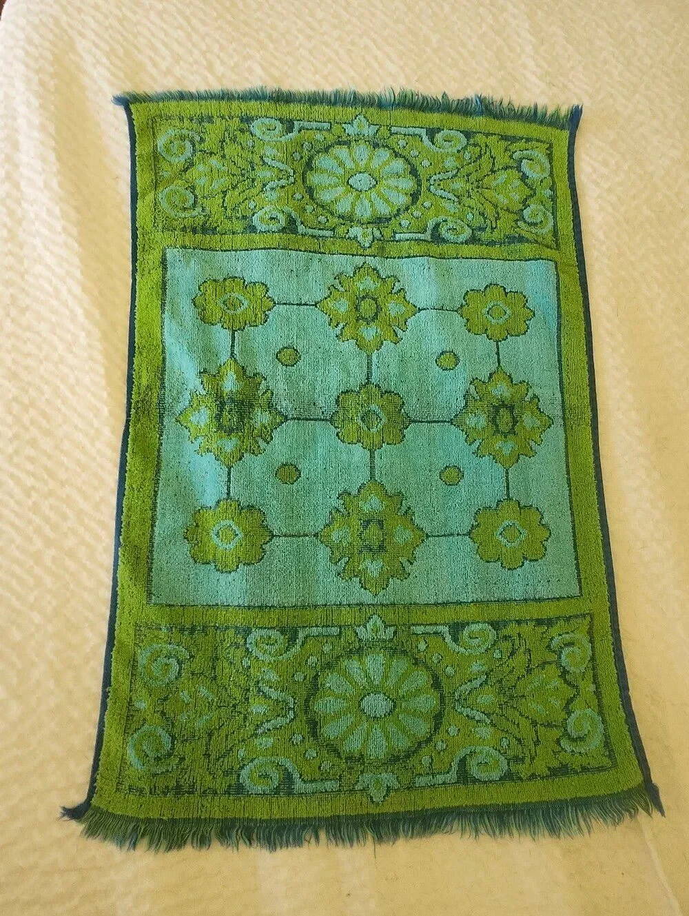 Vintage '60s Fieldcrest Hand Towel Blue Green Groovy Geo Retro Print 100% Cotton